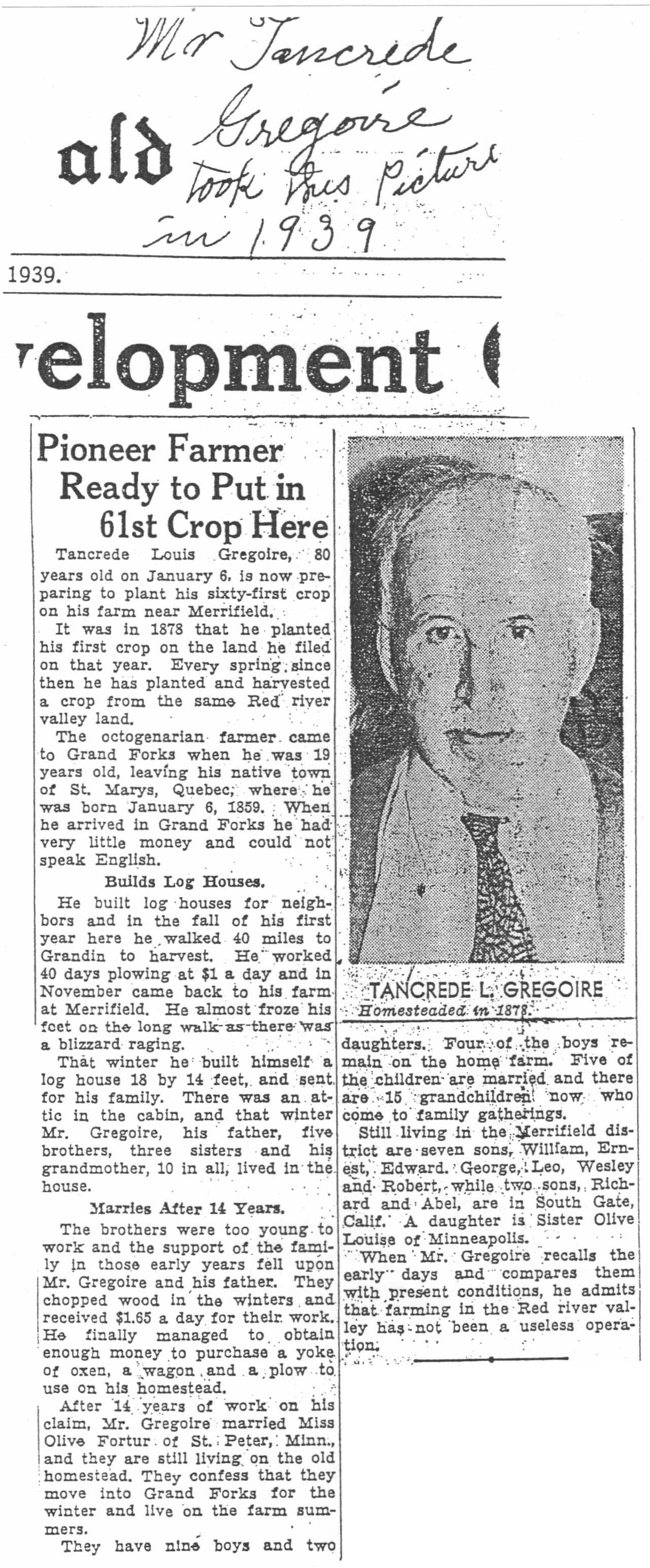 Newspaper Article on Tancrede Grégoire 